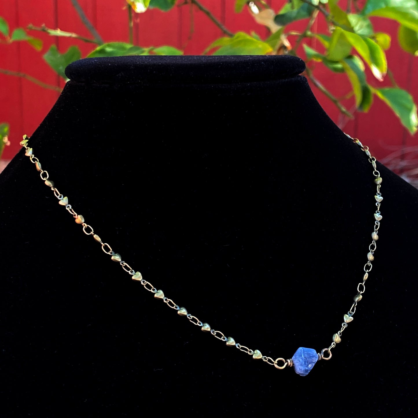 Raw Blue Sapphire gemstone on Brass Heart Chain Necklace