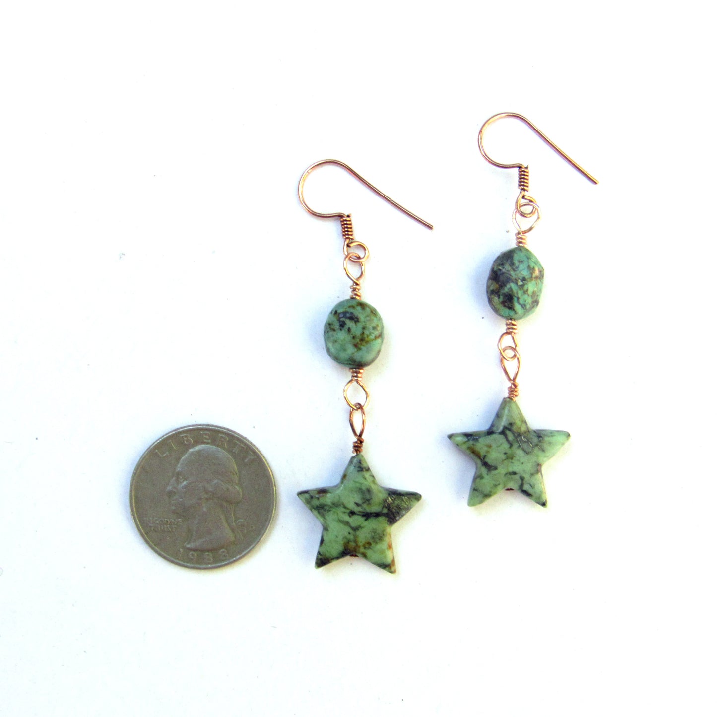 African Turquoise gemstone stars hand wrapped on Copper Drop Earrings
