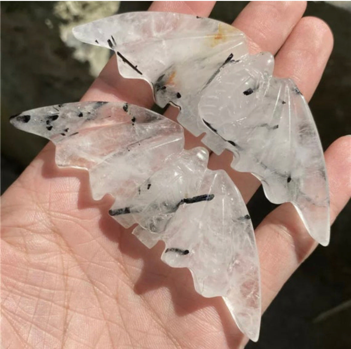 Tourmaline Quartz gemstone carved Bats