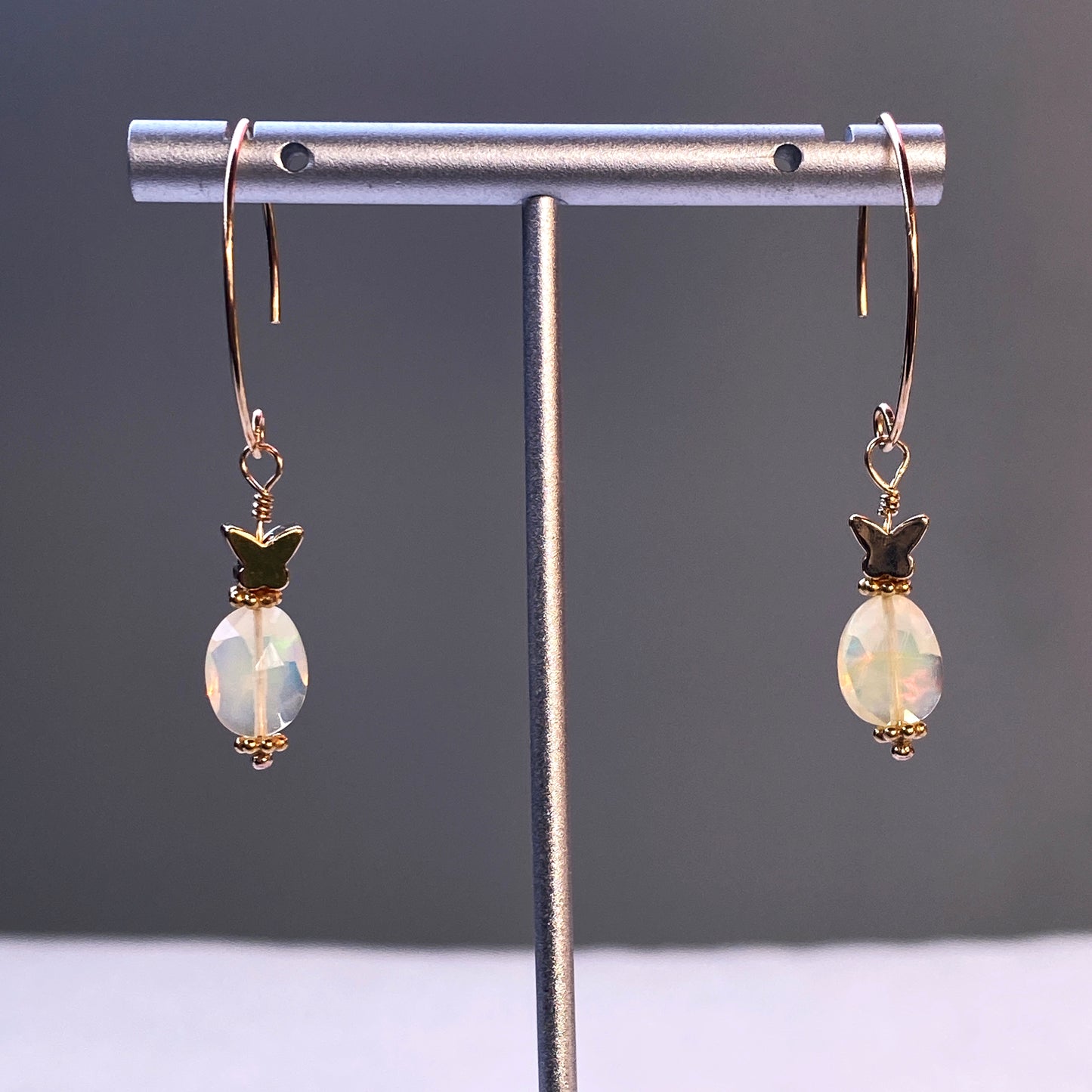 Ethiopian Opal gemstones and 14 kt Gold Fill Butterfly Dangle Earrings