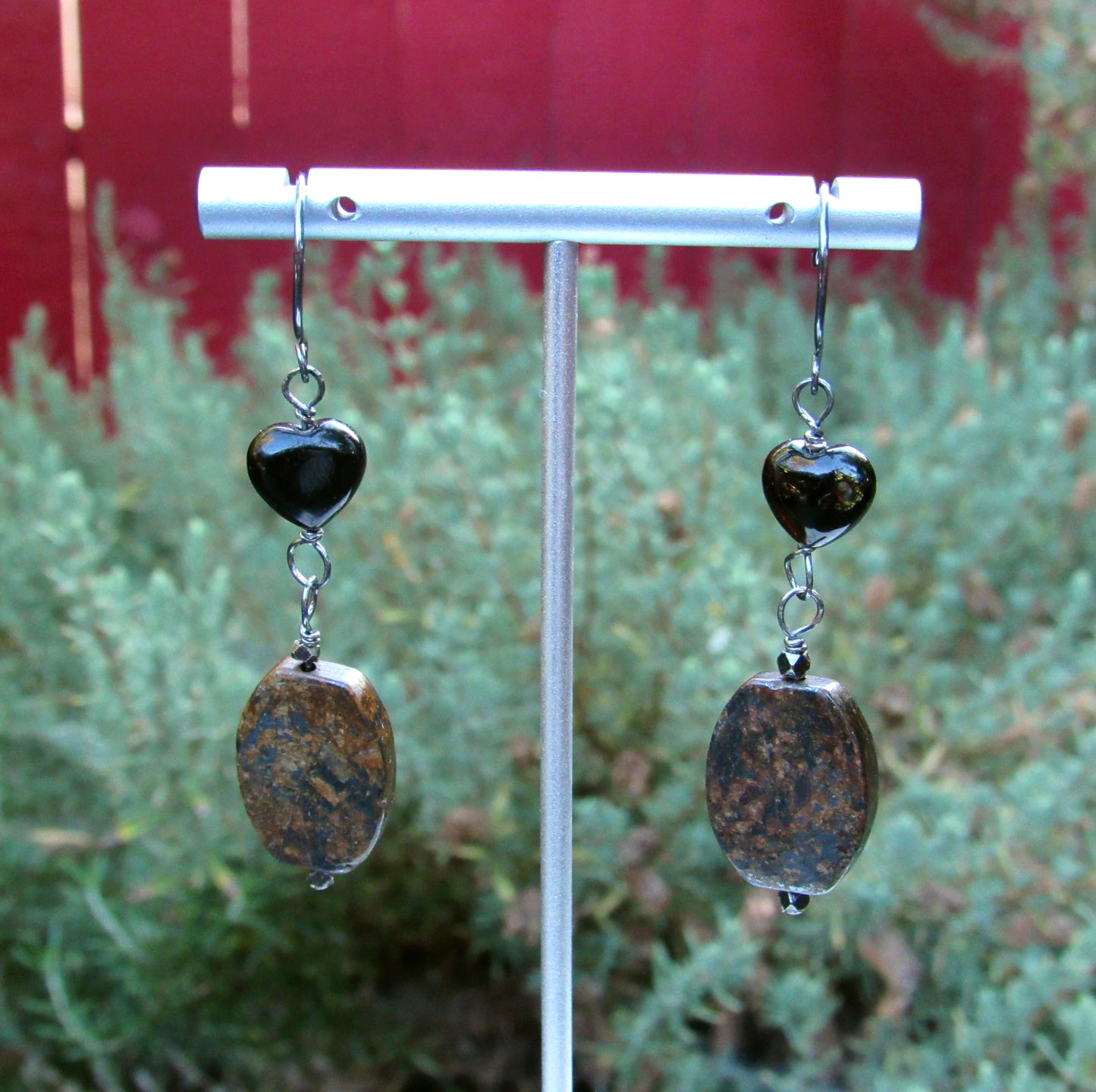 Bronzite and Tourmaline Gemstone Heart w/ Oxidized Sterling Silver Drop Earrings