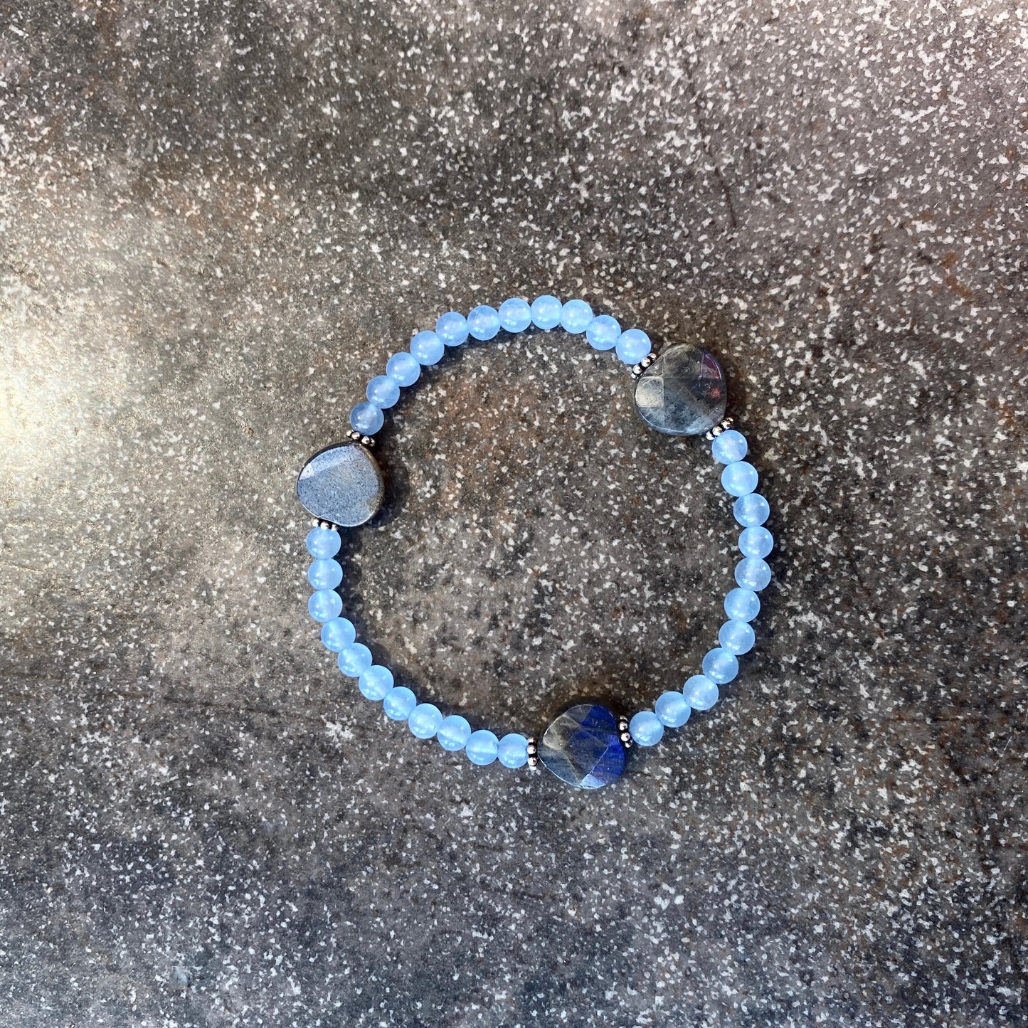Women's Labradorite hearts, blue Chalcedony Sterling Silver stretch bracelet