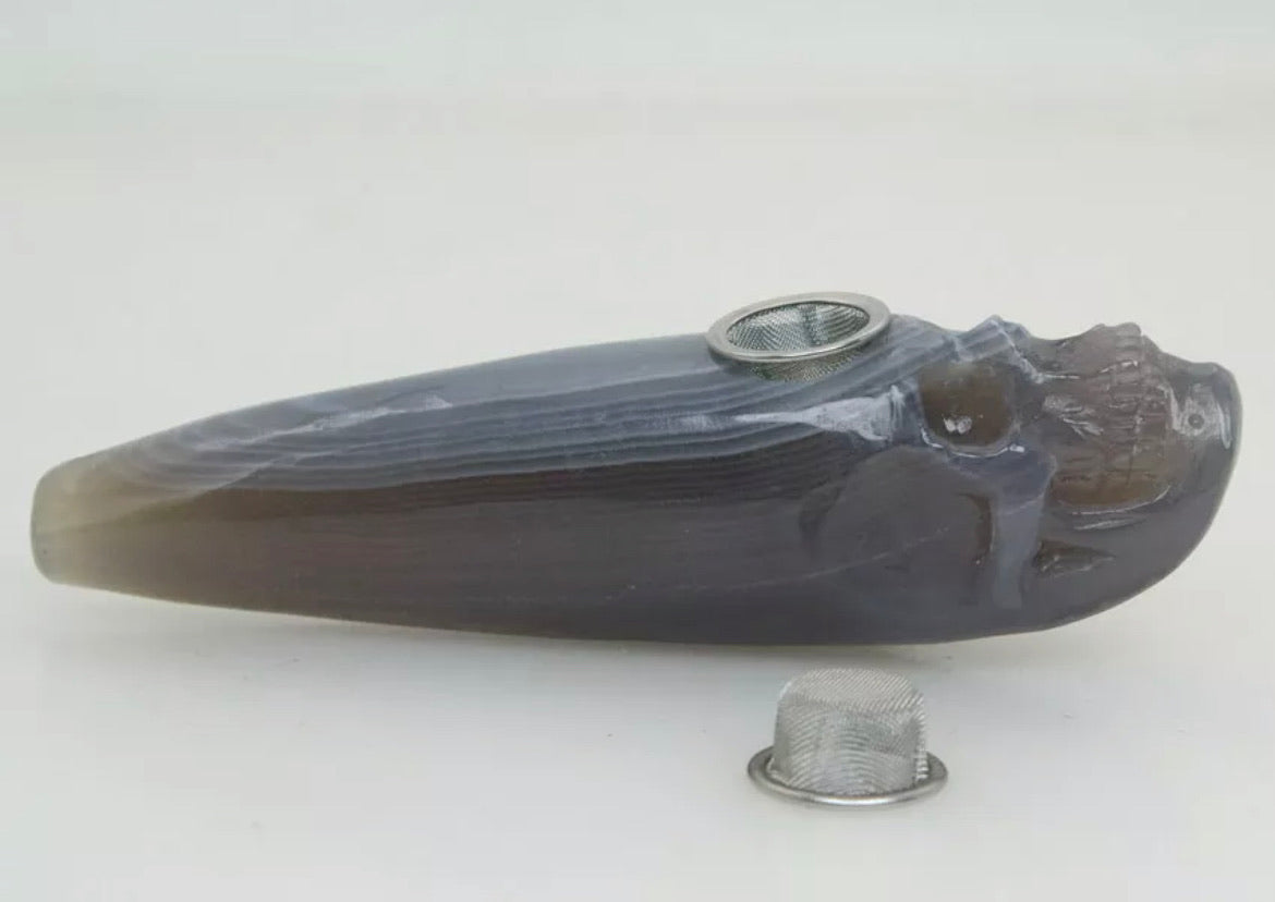 Gray Stripe Agate jade gemstone Skull Pipe