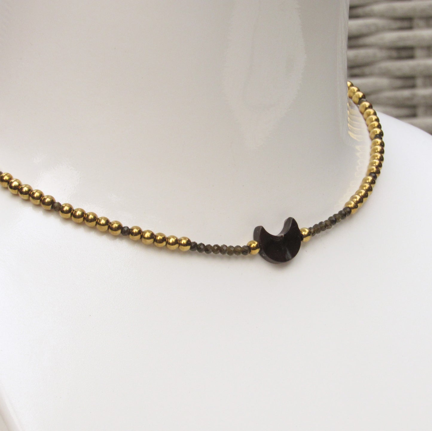 Mother of Pearl Moon Choker, Gold Hematite, Gold Obsidian, and 14 kt gf Components