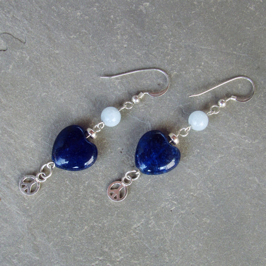 Blue Agate gemstone Hearts, Sterling Silver Peace Signs, Aquamarine, Sterling Silver Drop Earrings