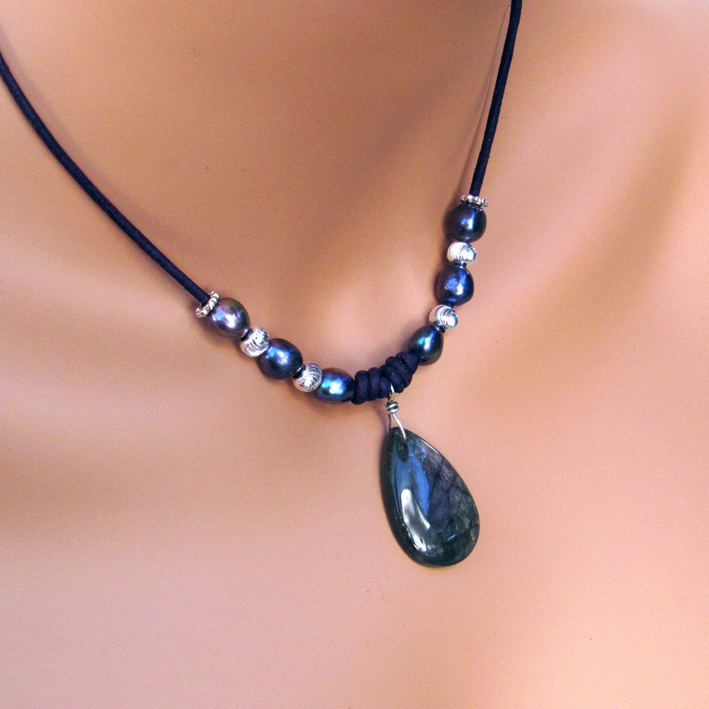 Purple Teardrop Labradorite Pendants, Freshwater Pearls, Sterling Silver Beads and Clasp on Purple Leather