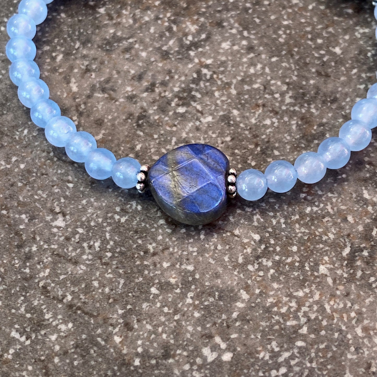 Women's Labradorite hearts, blue Chalcedony Sterling Silver stretch bracelet