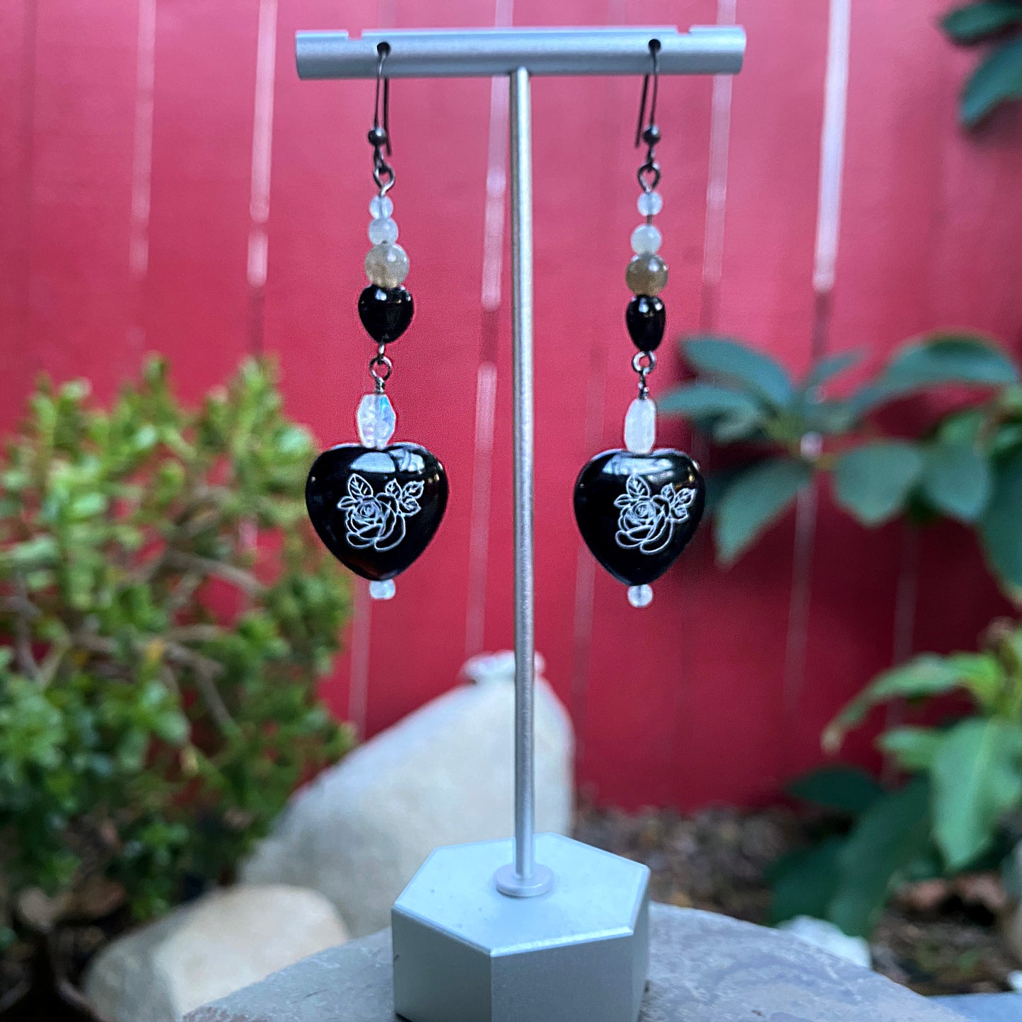 Hand Painted Onyx Heart, Moonstones, and Labradorite Drop Earrings with Sterling Silver