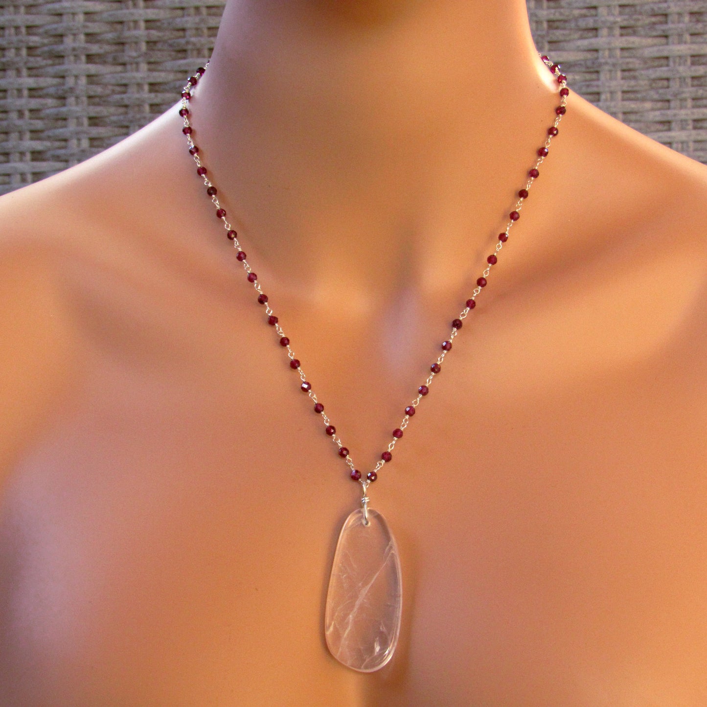 Clear Quartz Gemstone on Wrapped Garnets and Sterling Silver Necklace
