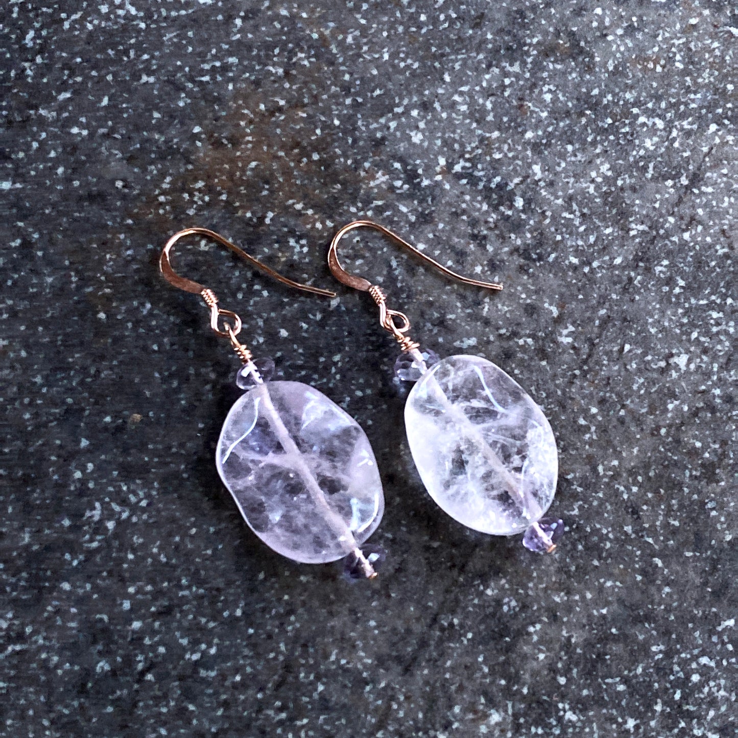 Amethyst and 14 kt rose Gf drop earrings