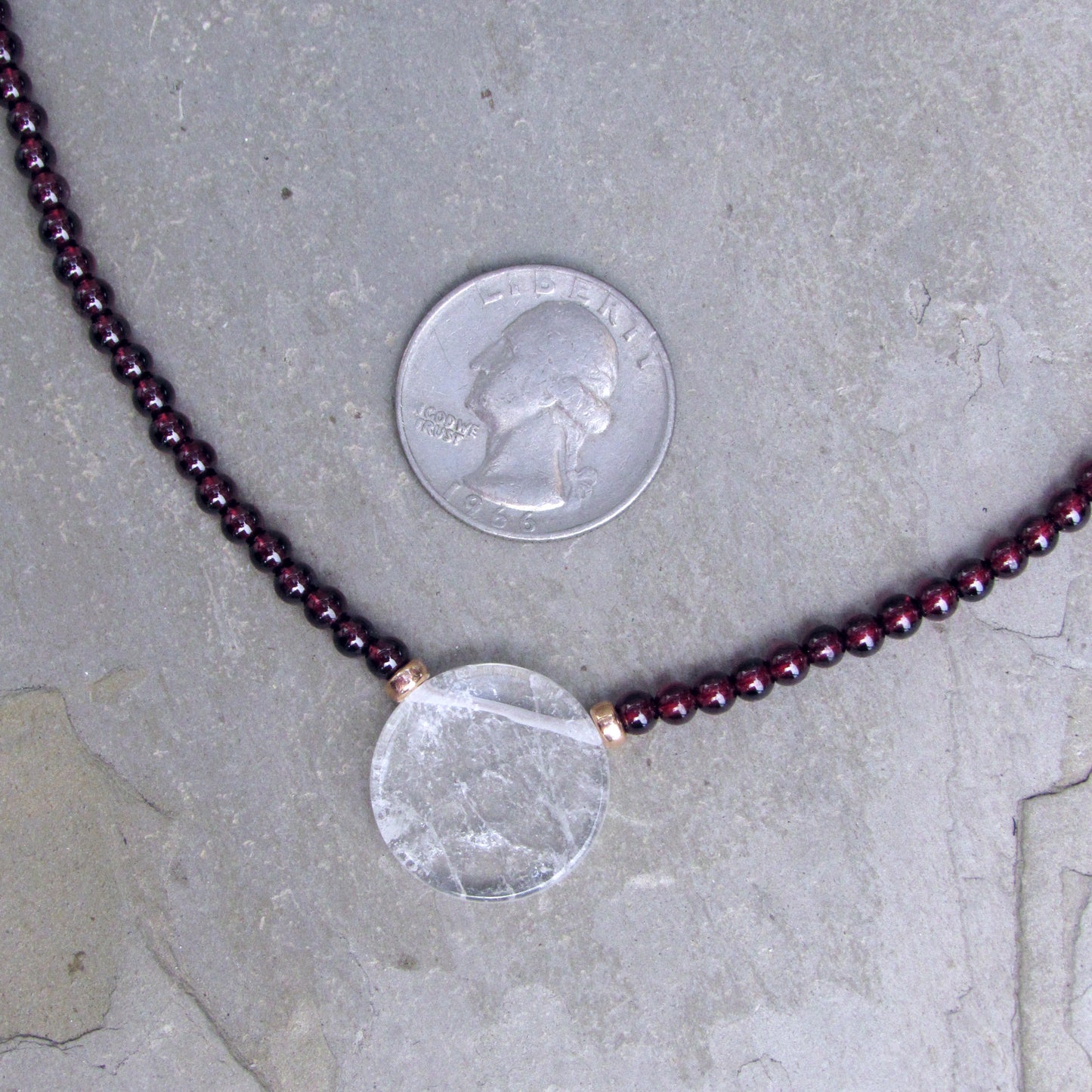 Garnet gemstone Clear Quartz pendant with 14 kt Rose gf Necklace