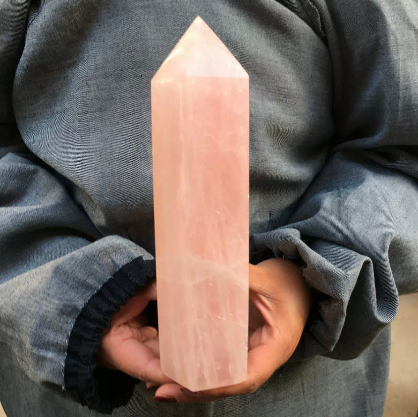 Natural pink rose quartz gemstone crystal tower point obelisk