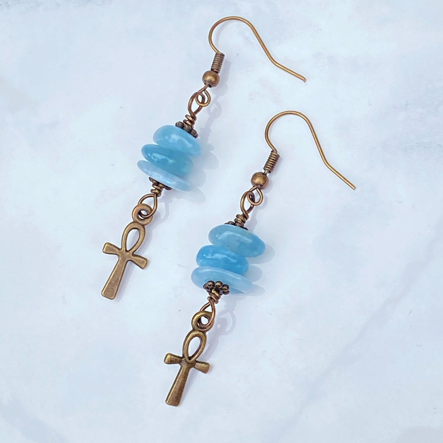Aquamarine gemstone with brass Ankh Earrings