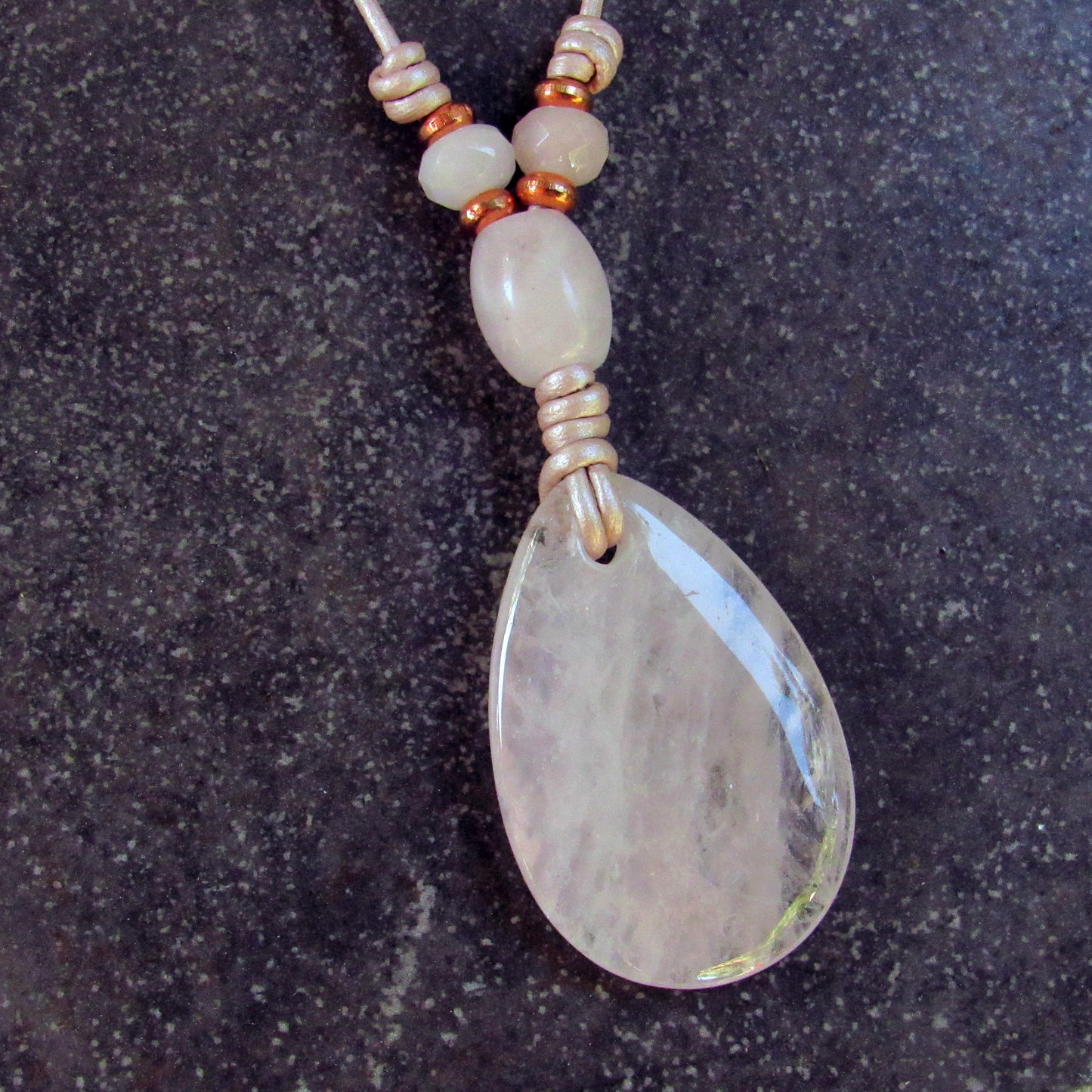Rose Quartz and Copper on Pink Leather Necklace