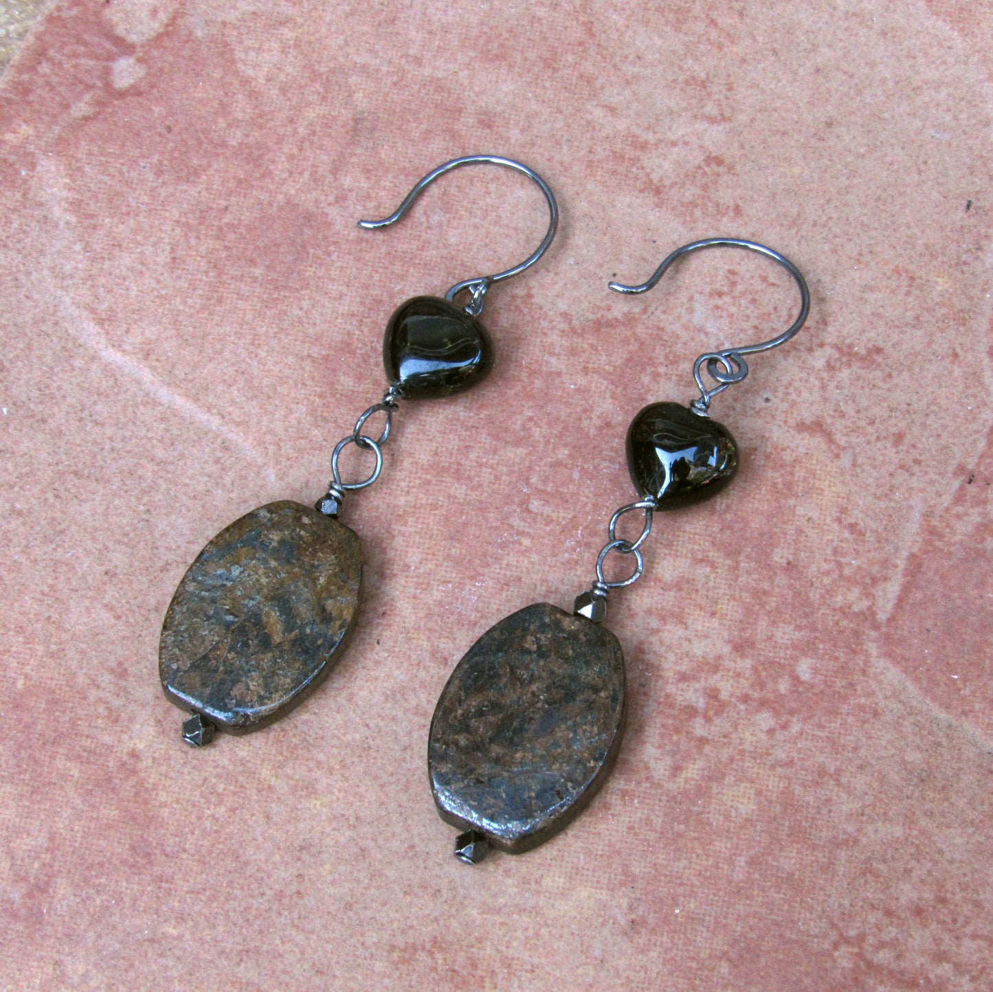 Bronzite and Tourmaline Gemstone Heart w/ Oxidized Sterling Silver Drop Earrings