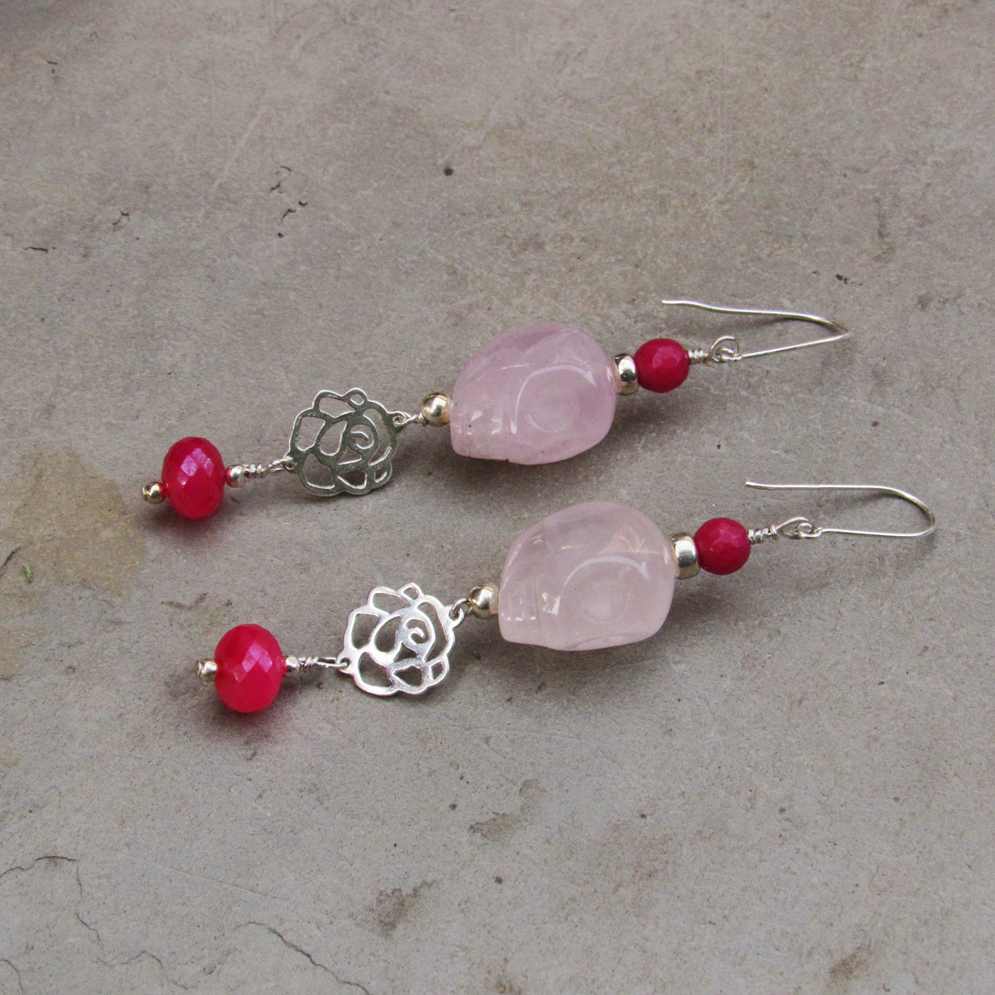 Rose Quartz Gemstone Skulls, Pink Jade, Pink chalcedony with Sterling Silver Rose Drop Earrings