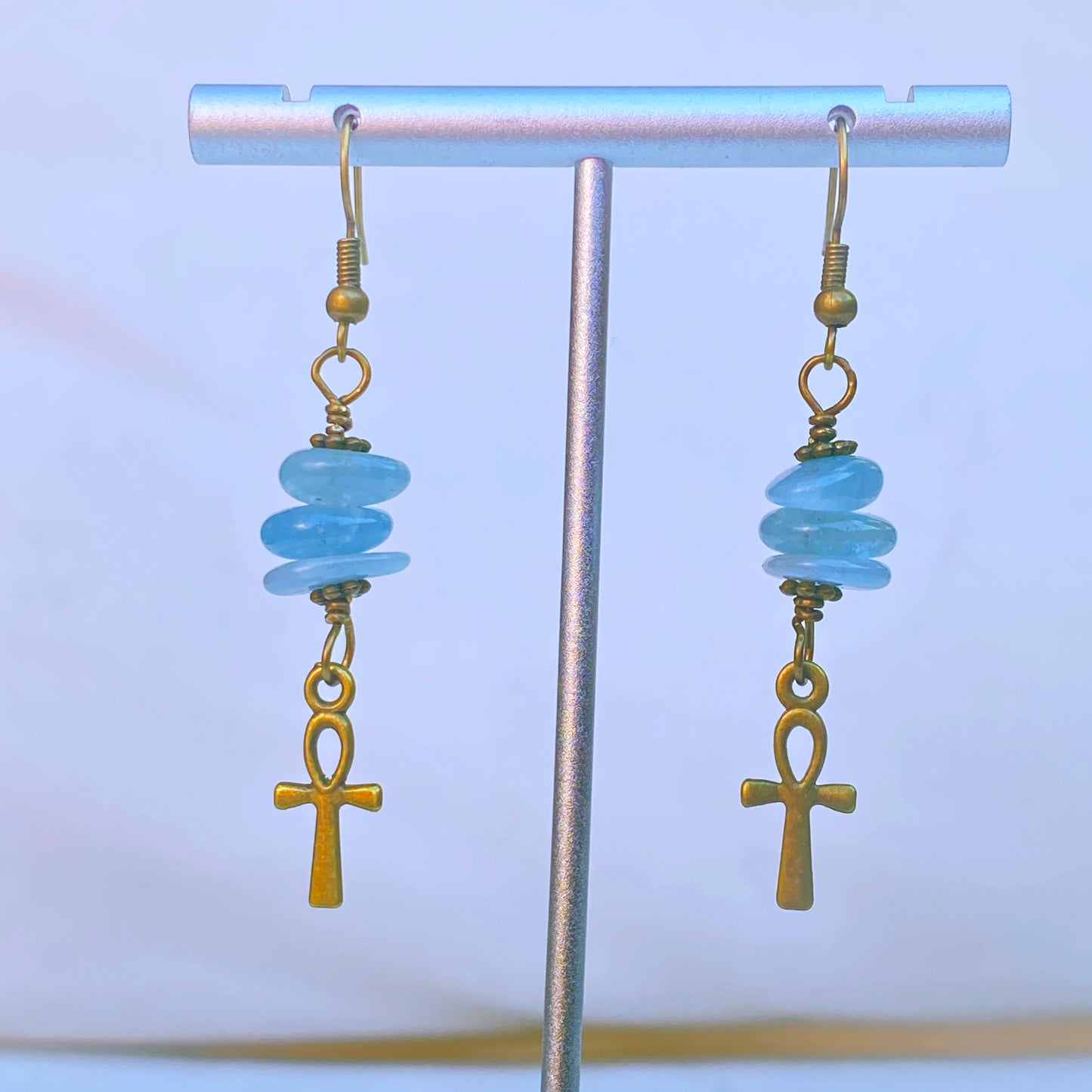 Aquamarine gemstone with brass Ankh Earrings