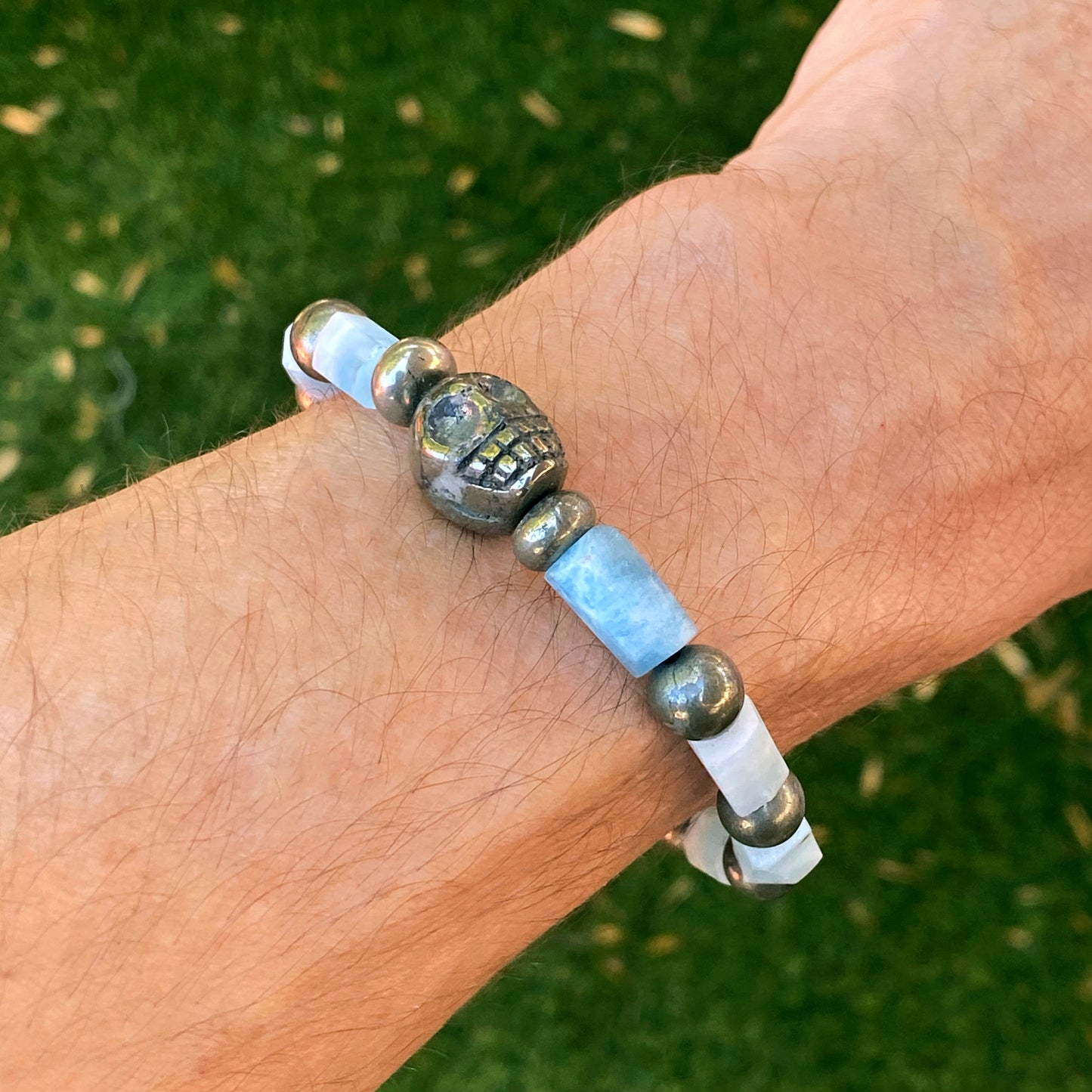 Aquamarine and Pyrite gemstone Skull Beaded Stretch Bracelet