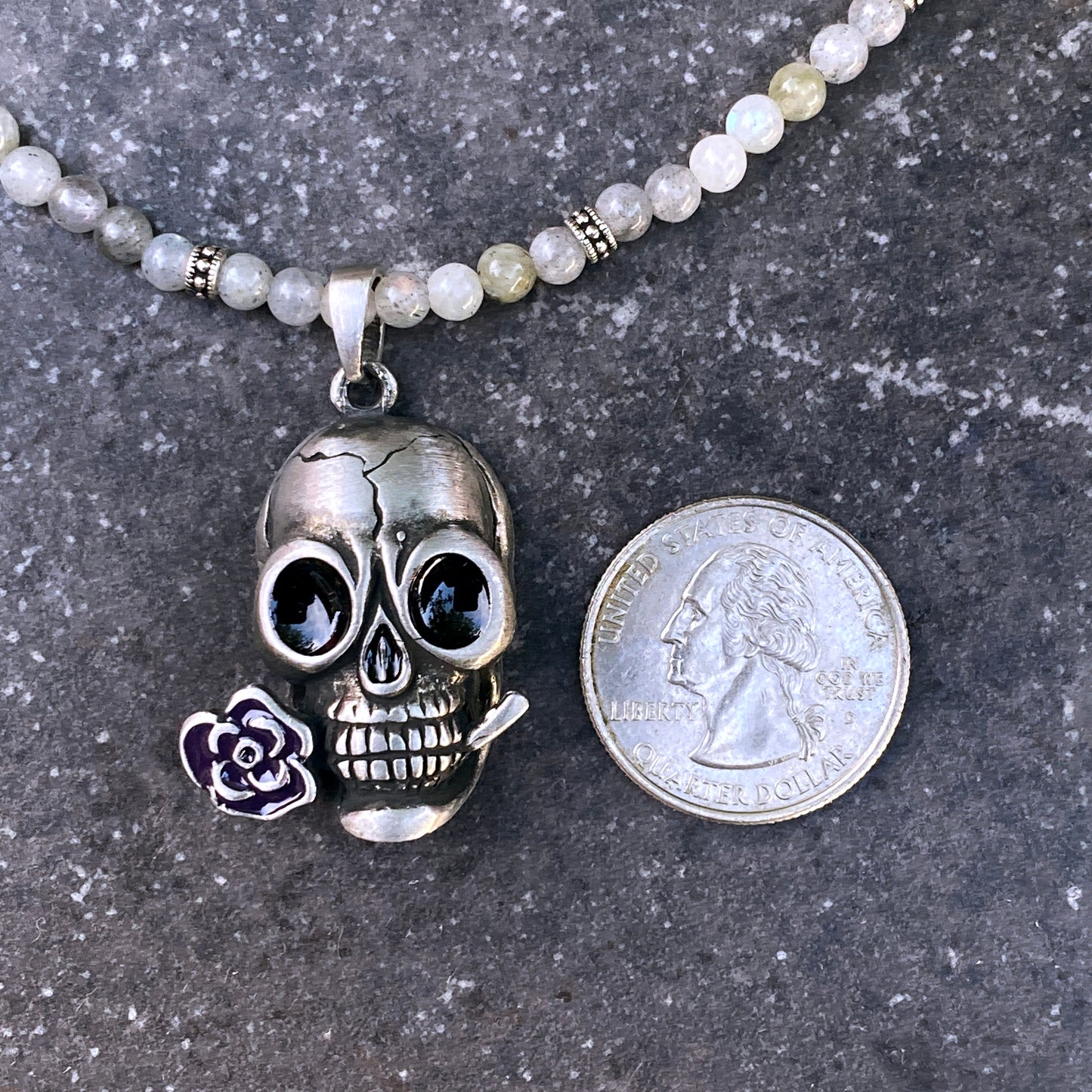White Labradorite gemstone and Skull with Rose pendant Necklace