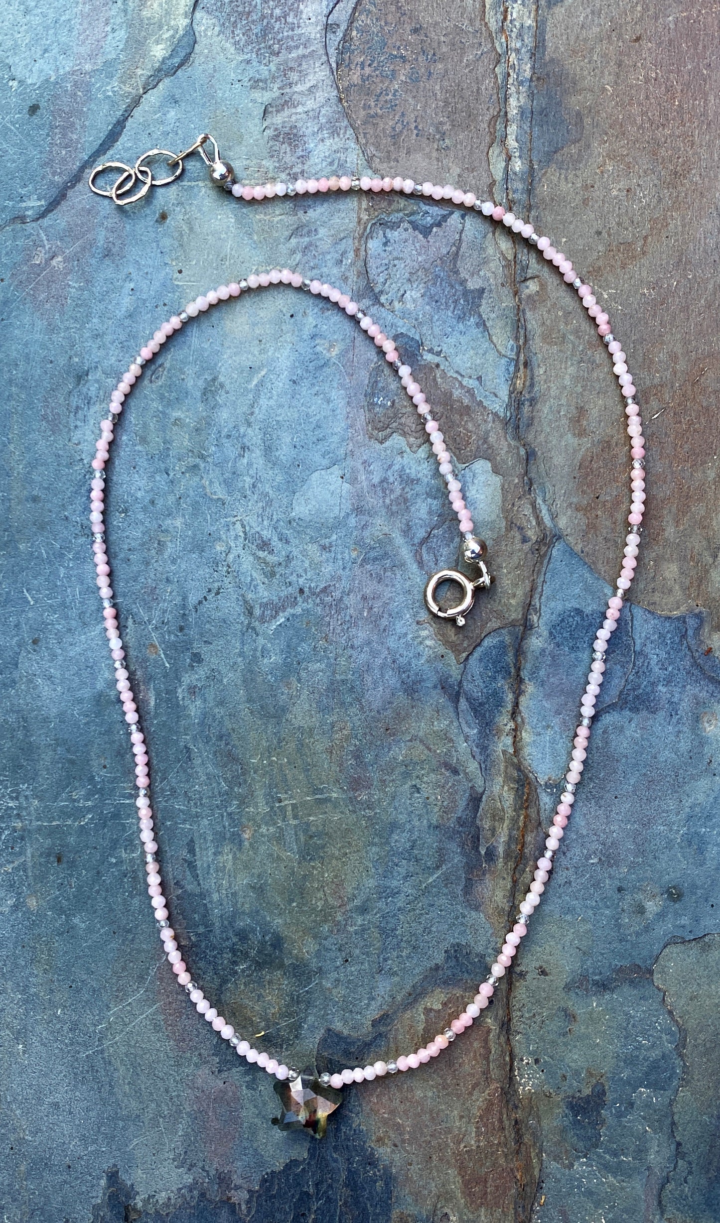 Labradorite Star, pink opal, zircon gemstone, sterling silver necklace