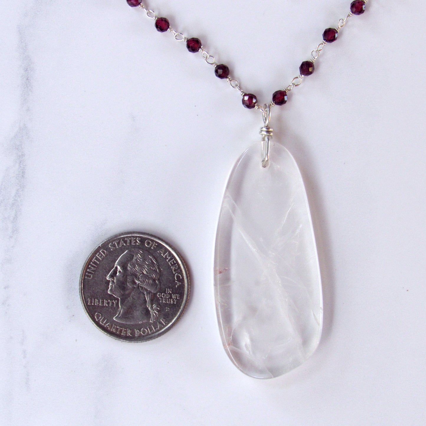 Clear Quartz Gemstone on Wrapped Garnets and Sterling Silver Necklace