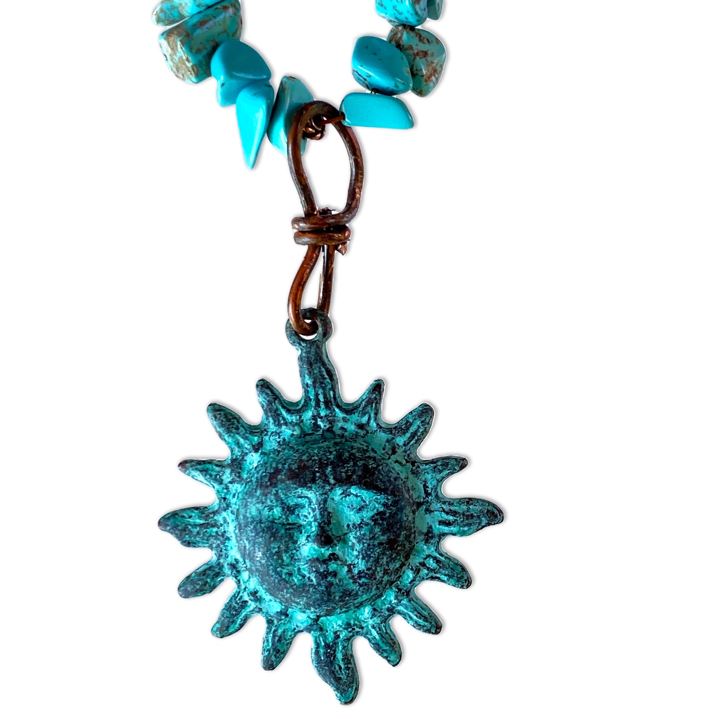 Natural Turquoise gemstone and copper Sun pendant beaded necklace