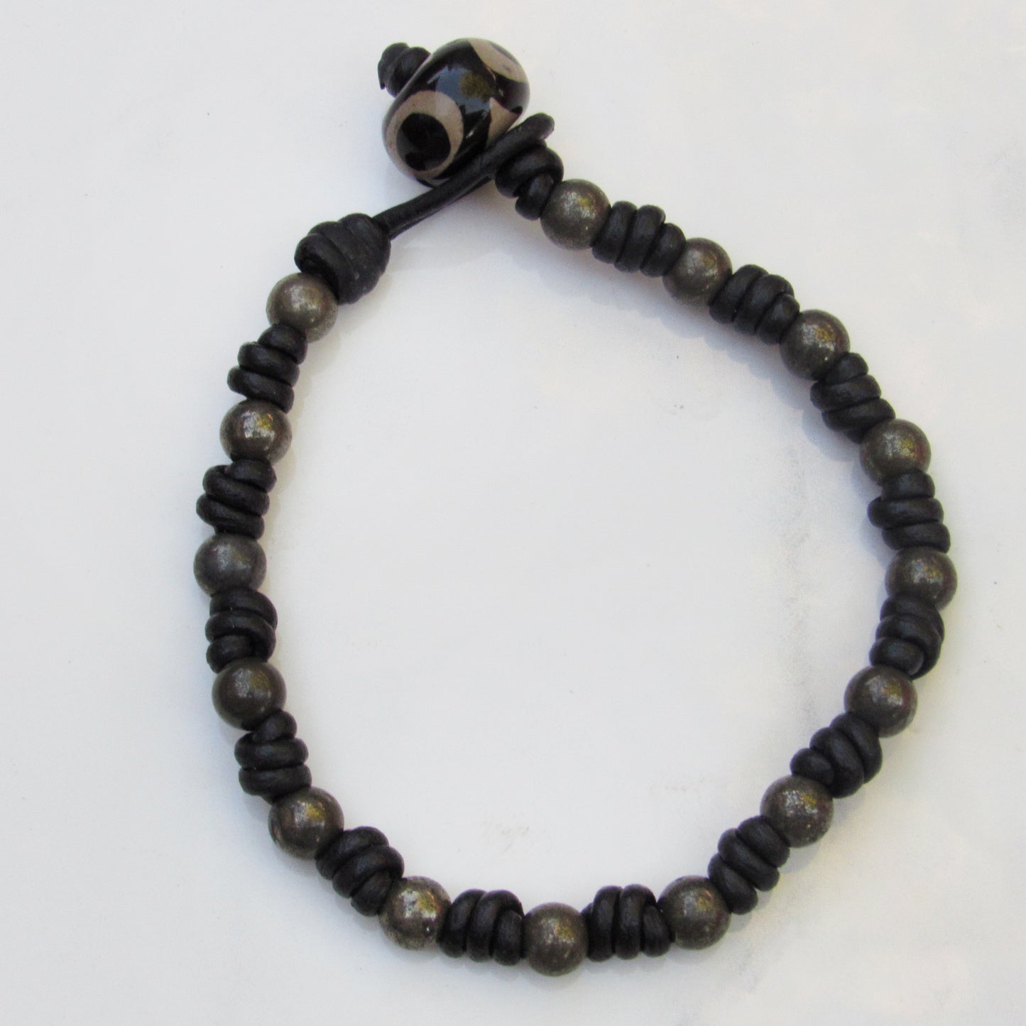 Leather Hand Knotted Pyrite and Tibetan Agate Bracelet