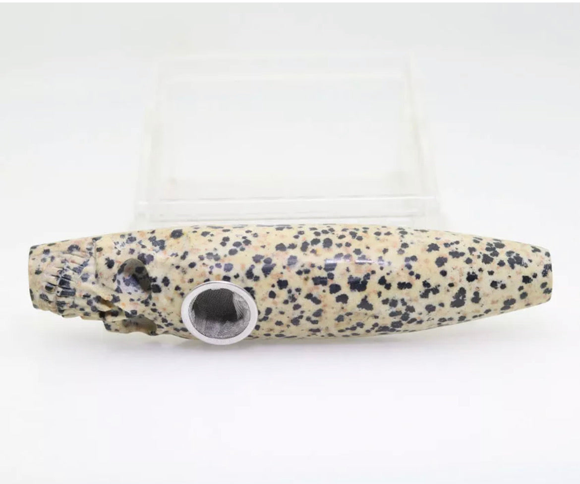 Dalmatian Jasper gemstone carved Skull pipe