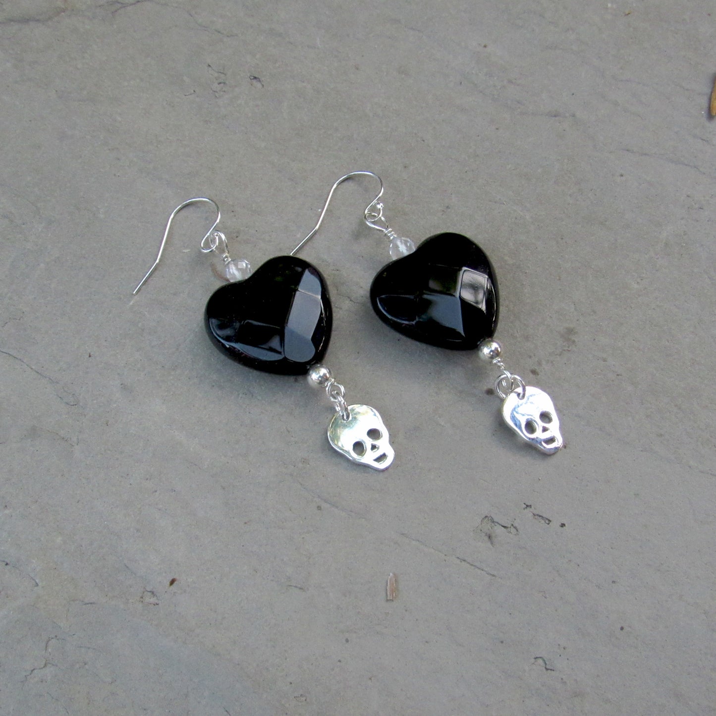 Faceted Onyx Heart, Moonstones, Sterling Silver Skulls, Drop Earrings