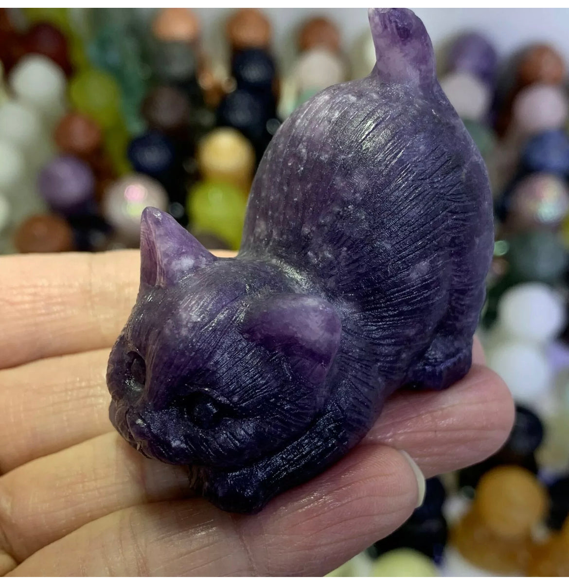 Natural Lilac Stone aka Lepidolite gemstone Kitty cat crystal figurine
