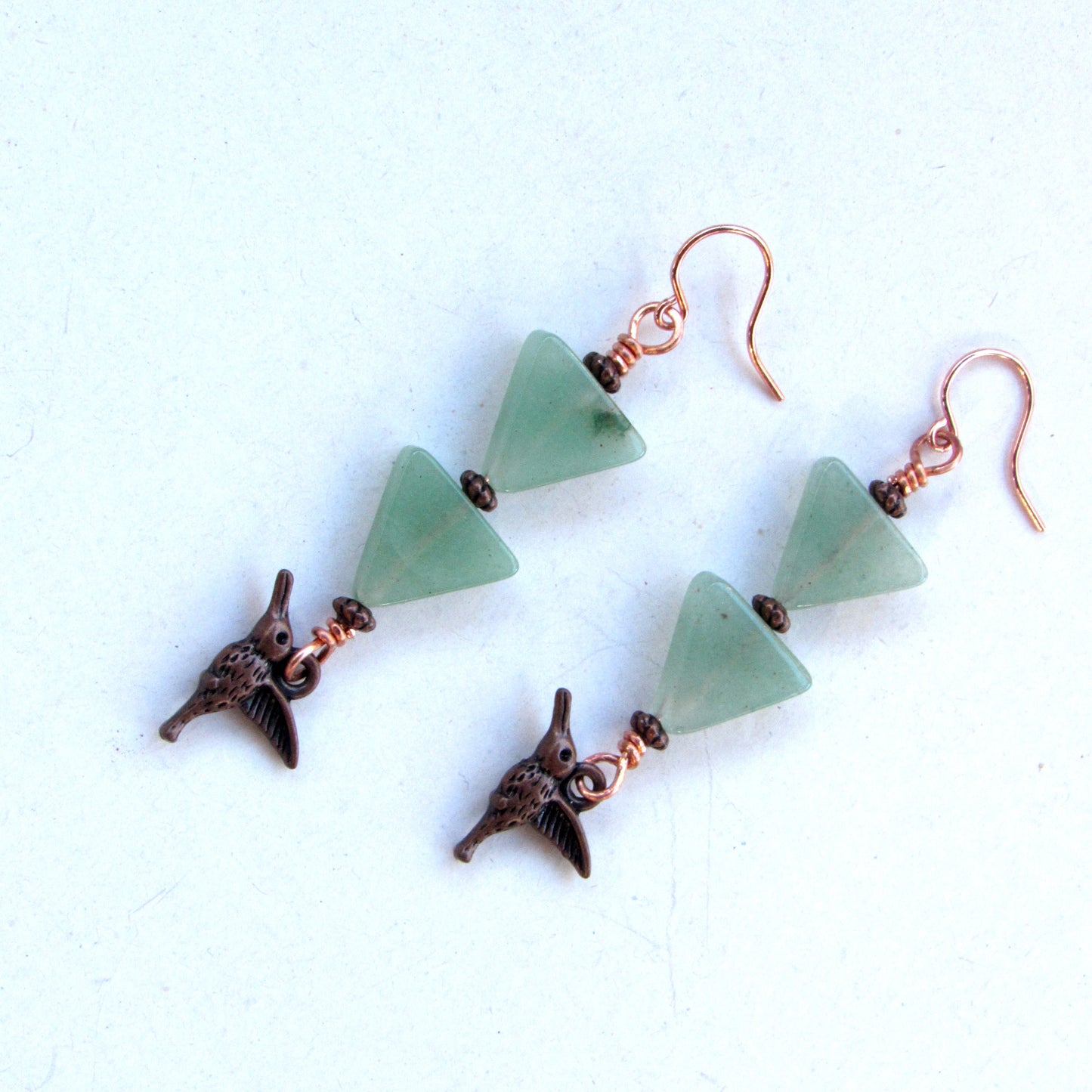 Green Aventurine gemstone Copper Hummingbird Drop Earrings