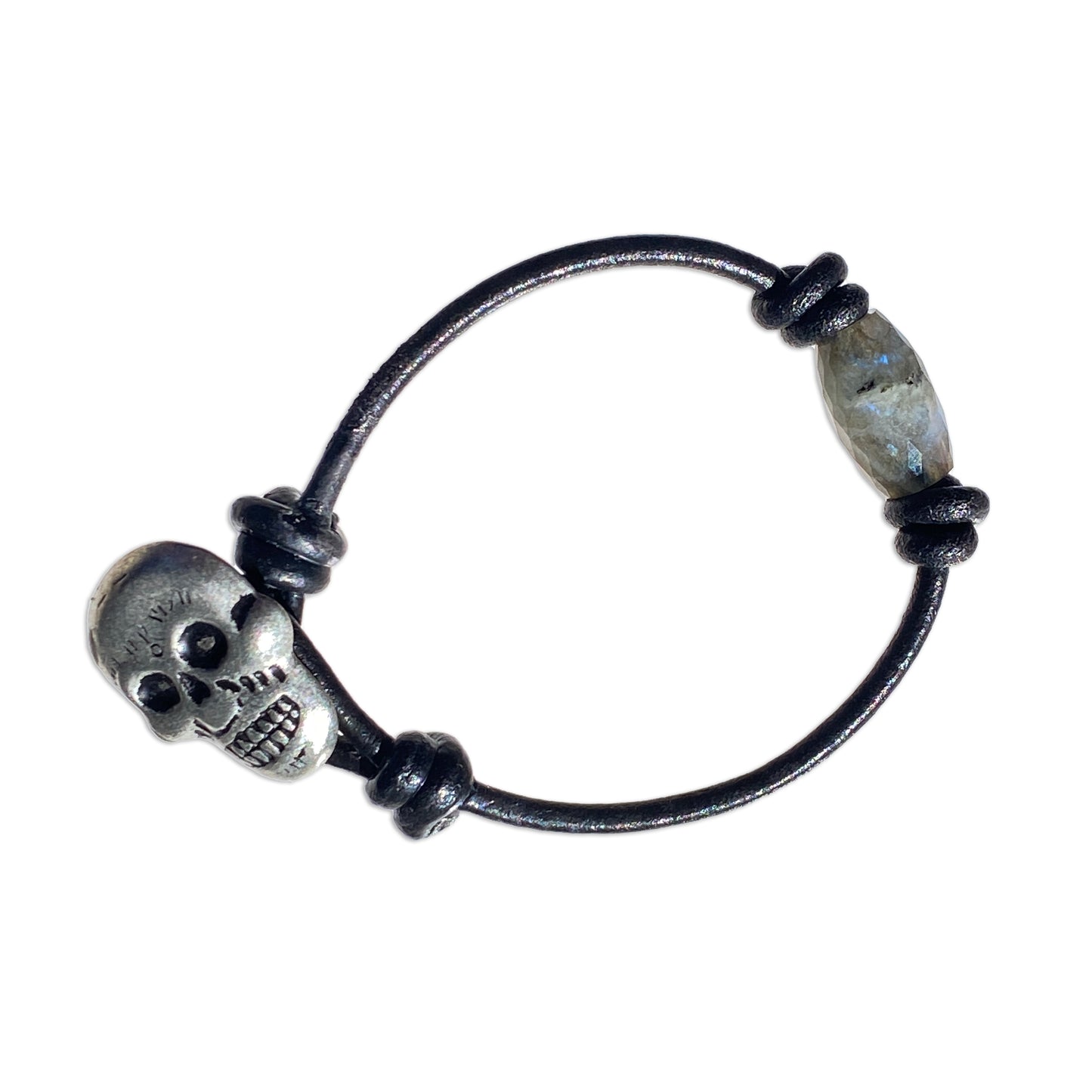 Labradorite gemstone Leather bracelet with Pewter Skull Button clasp