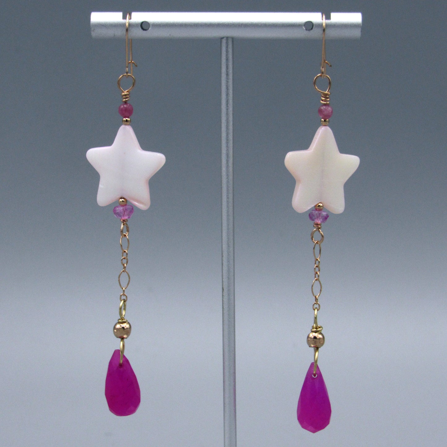 Pink Star Mother of Pearl, Pink Topaz, Pink Jade, Pink Tourmaline, 14 kt Rose GF Earrings