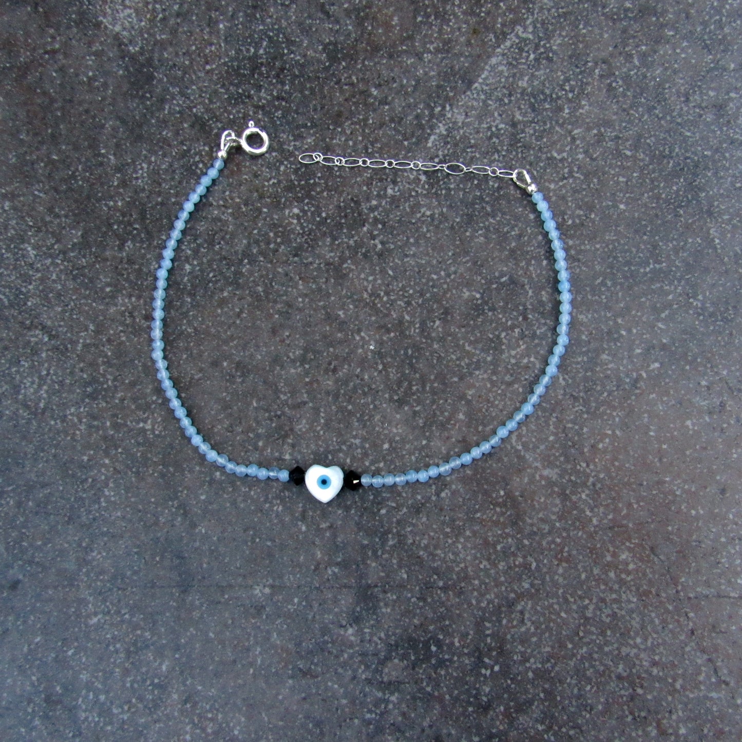 Protection Eye Mother of Pearl Heart and Chalcedony gemstone Anklet