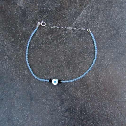 Protection Eye Mother of Pearl Heart and Chalcedony gemstone Anklet
