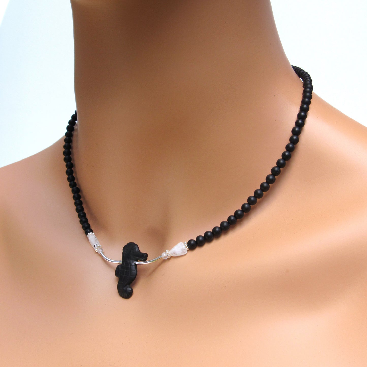 Onyx gemstone Seahorse, Onyx Beads, Moonstones, and Sterling Silver Necklace