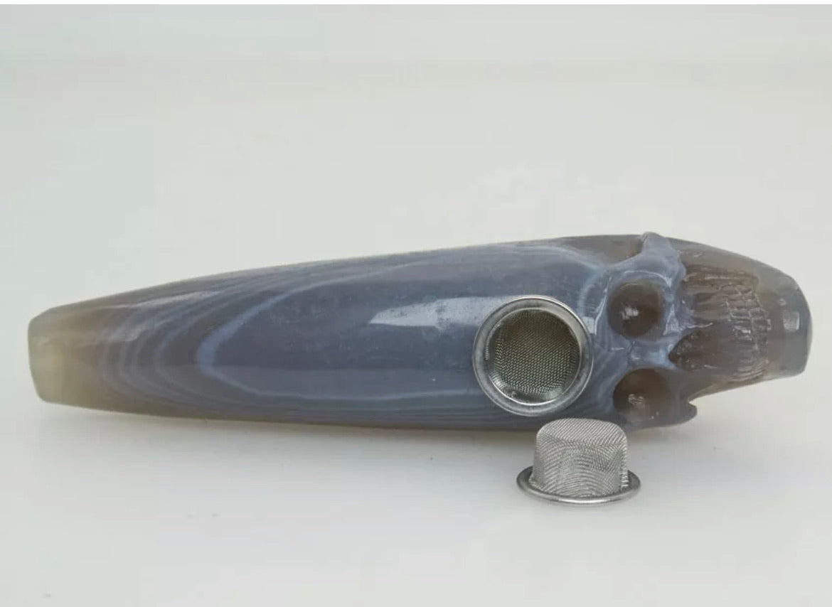 Gray Stripe Agate jade gemstone Skull Pipe