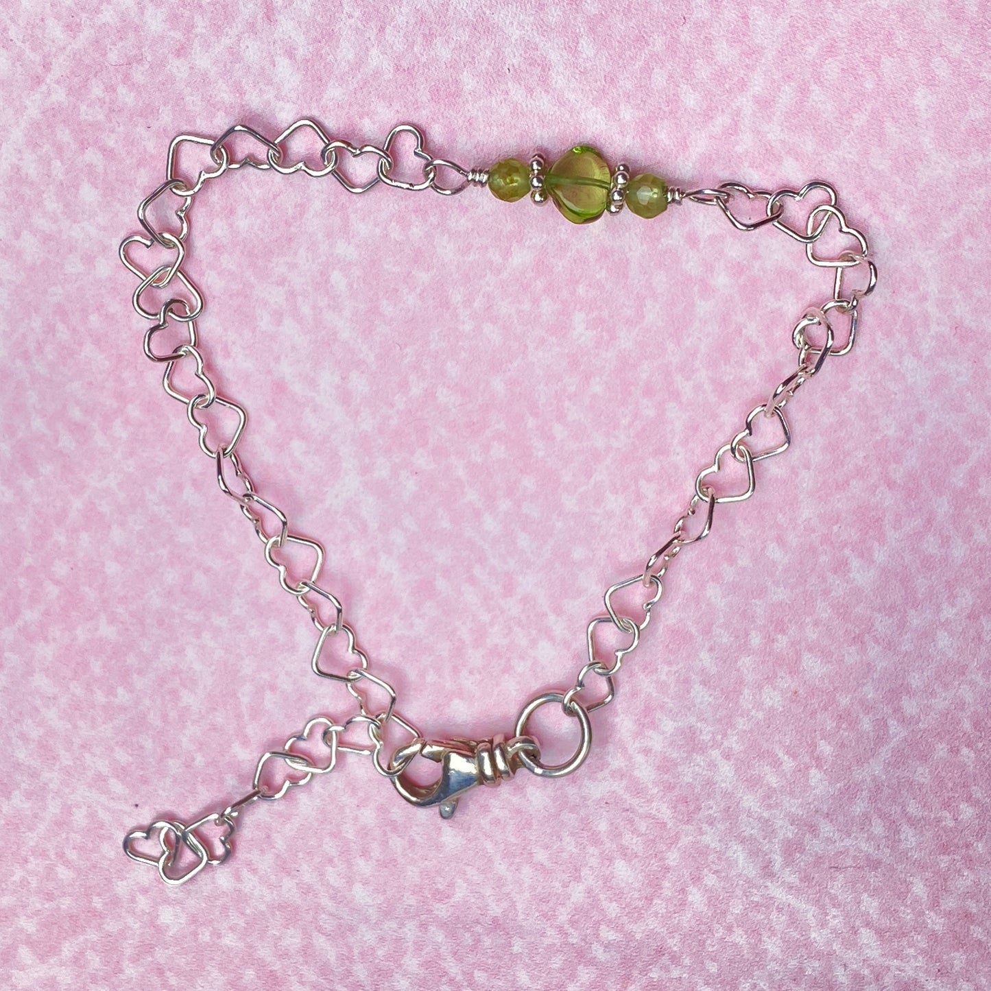 Peridot gemstone heart and silver heart chain bracelet with clasp