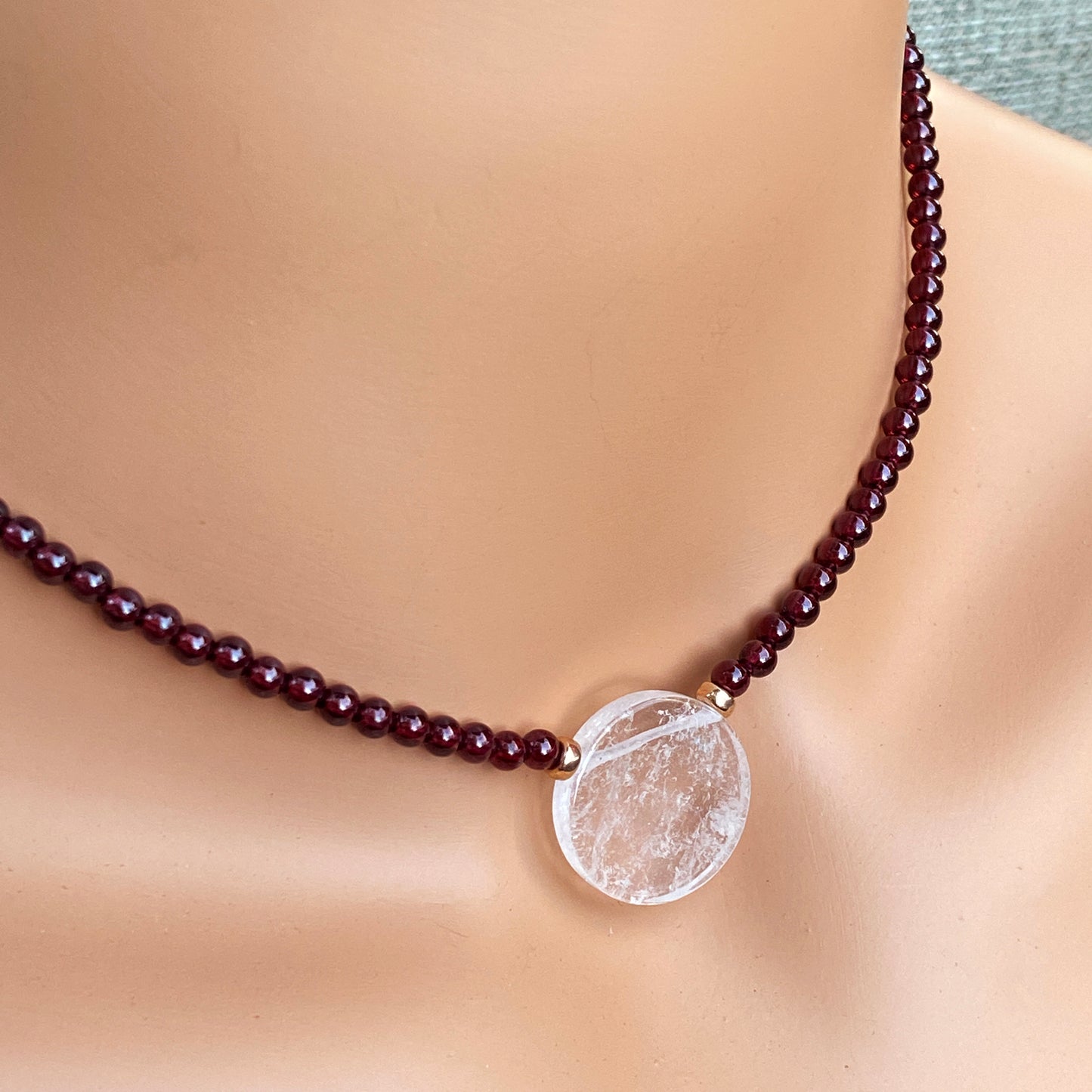 Garnet gemstone Clear Quartz pendant with 14 kt Rose gf Necklace