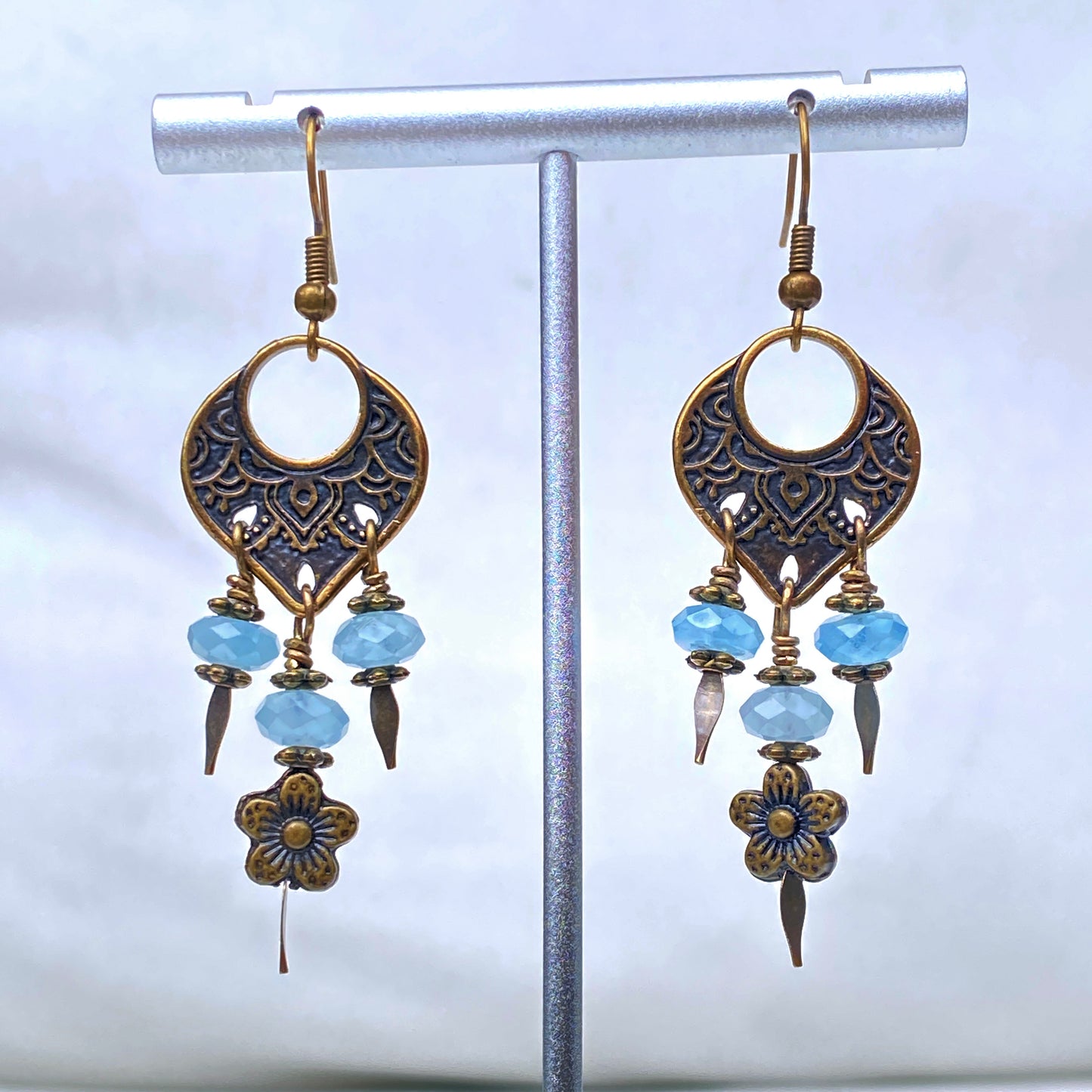 Aquamarine gemstone and brassChandelier Earrings