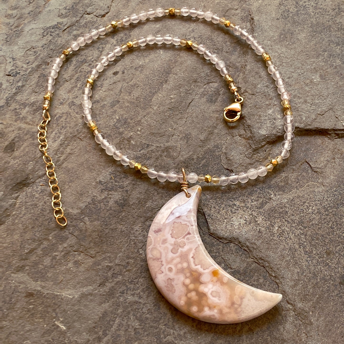 Cherry blossom agate moon pendant, on Rose quartz, citrine, 14 kt GF necklace