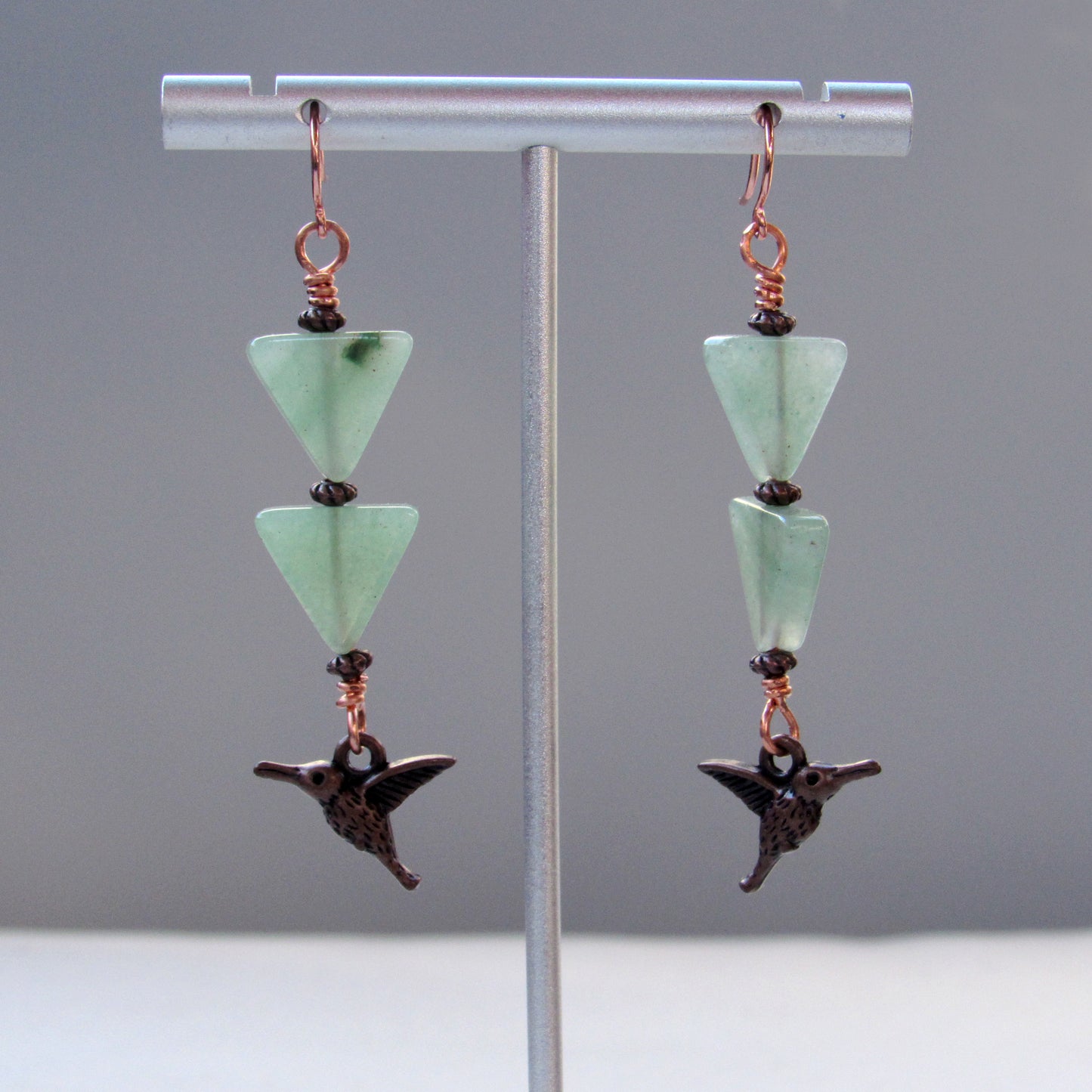 Green Aventurine gemstone Copper Hummingbird Drop Earrings