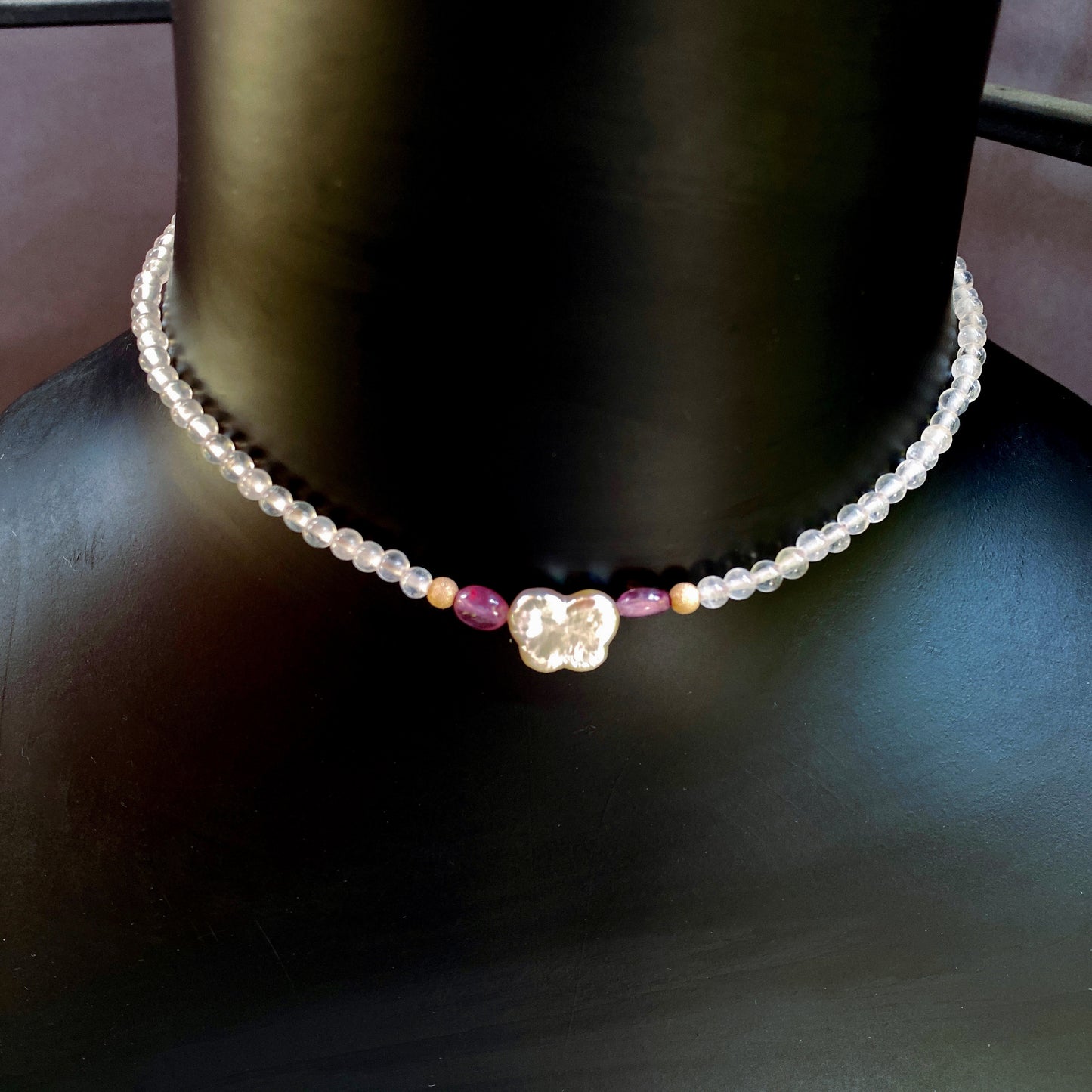 Pearl Butterfly and Pink Sapphire, Rose Quartz gemstone Choker Necklace