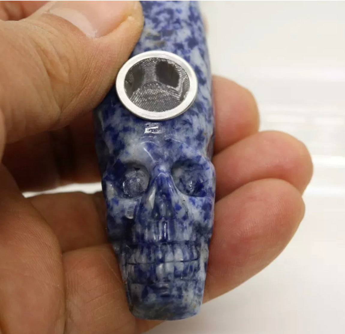 Blue Dot Jasper gemstone skull pipe
