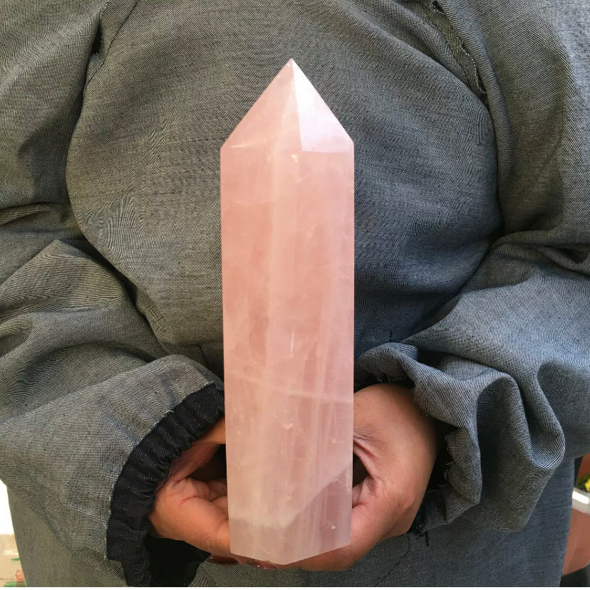 Natural pink rose quartz gemstone crystal tower point obelisk