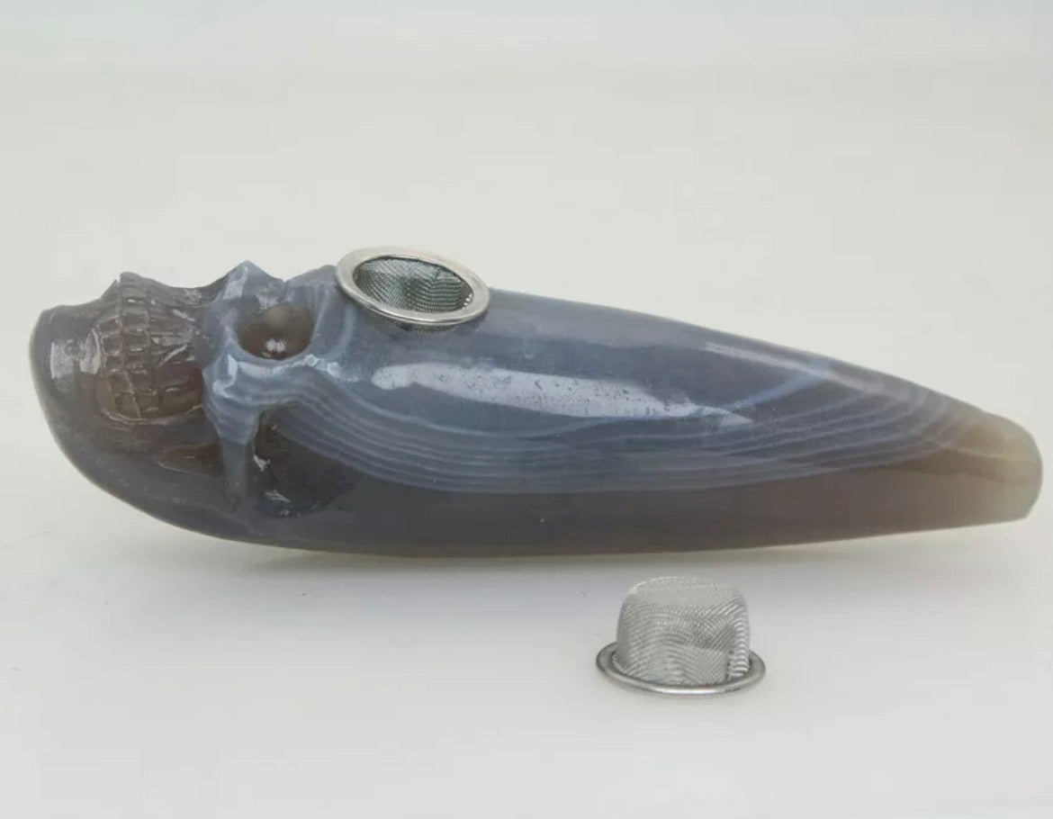 Gray Stripe Agate jade gemstone Skull Pipe