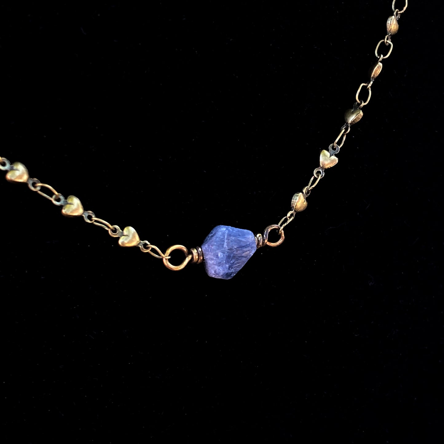 Raw Blue Sapphire gemstone on Brass Heart Chain Necklace