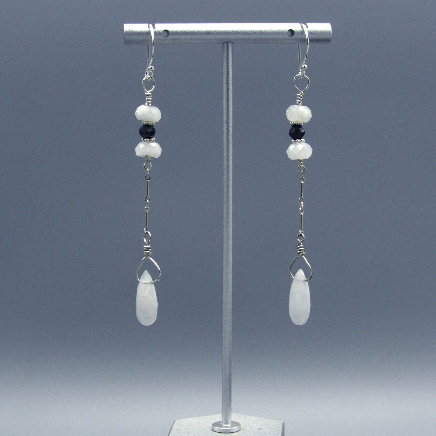 Black Diamond And Moonstone Long Drop Earrings w/ Sterling Silver