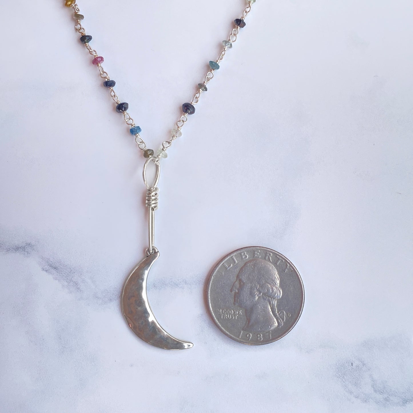 Sterling Silver Moon with mixed Tourmaline gemstone Necklace