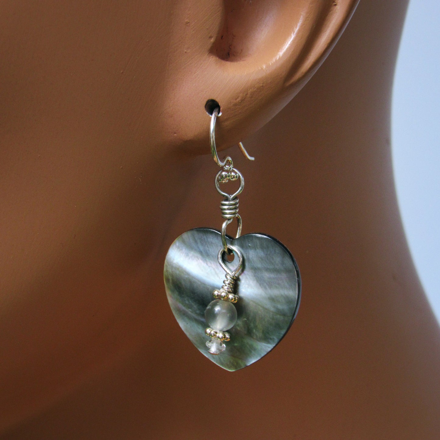 Abalone Heart Earrings, Silver Moonstones, White Topaz, Sterling Silver Drop Earrings
